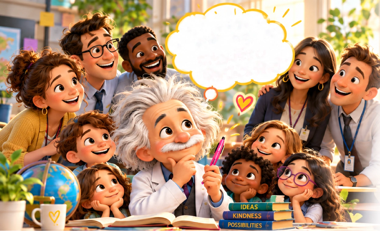 A whimsical Einstein-inspired thinker surrounded by curious, smiling children and adults, holding a pink pen