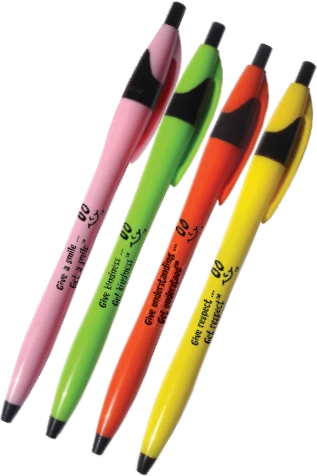Four Positive Pens in pink, green, orange and yellow, each printed with a short kind message